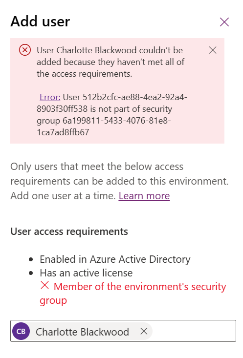 Error message trying to add a user not member of the considered Azure AD group to a Power Platform environment