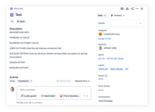 Jira Epic detail screen showing inputs needed for UX work to proceed. Details are listed below.