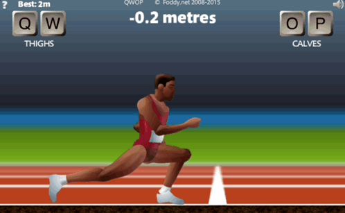 GIF from the Flash game QWOP, showing a poorly coordinated sprinter tripping and falling on his face