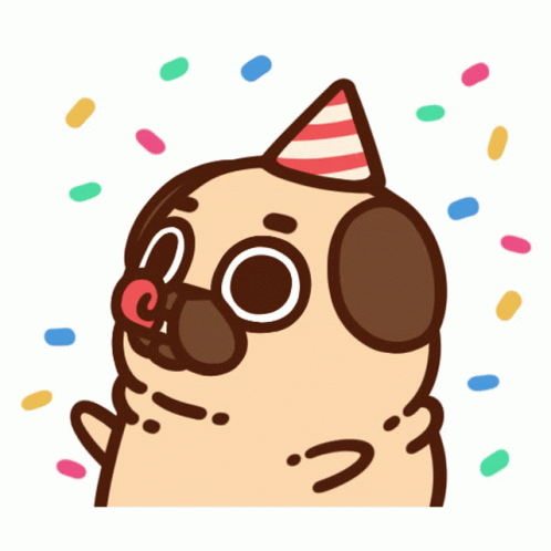 Party pug celebrating with a party hat, horn and conffetti