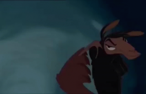 GIF of emperor Kuzco as a llama from the Disney motion picture film the emperor’s new groove. After a brief attempt to restrain himself, llama Kuzco points and says “HA!”