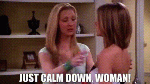 A GIF representing “Friends” with a caption that says “Just calm down, doman!”