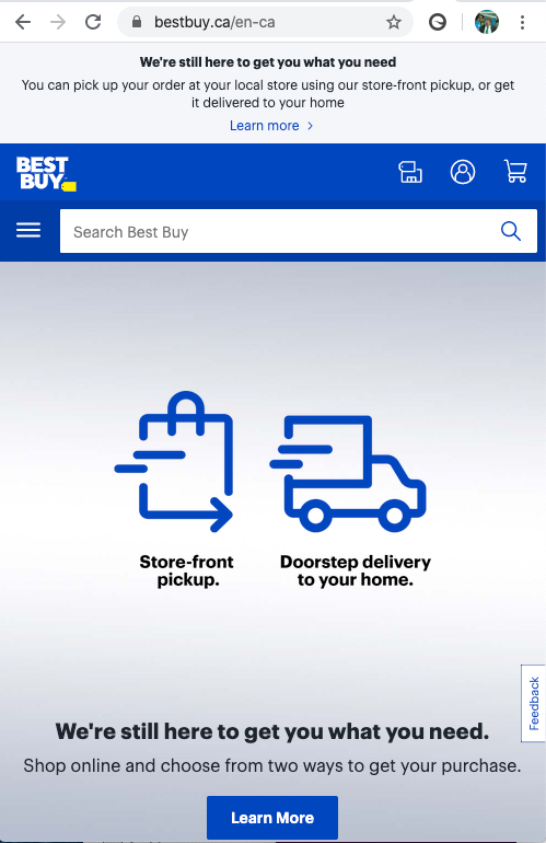 Best Buy home page example with COVIC messaging