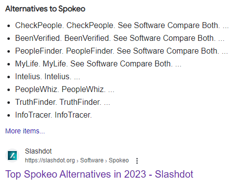 Google search highlighting similar websites to Spokeo.com