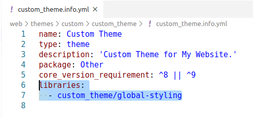 linking libraries.yml to custom theme in Drupal