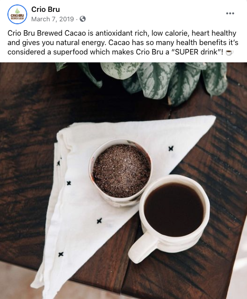 Crio Bru ad that shares the health benefits of drinking cacao.