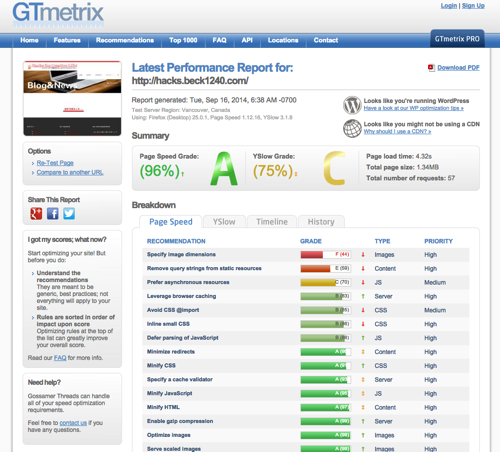 Latest Performance Report for http hacks beck1240 com GTmetrix