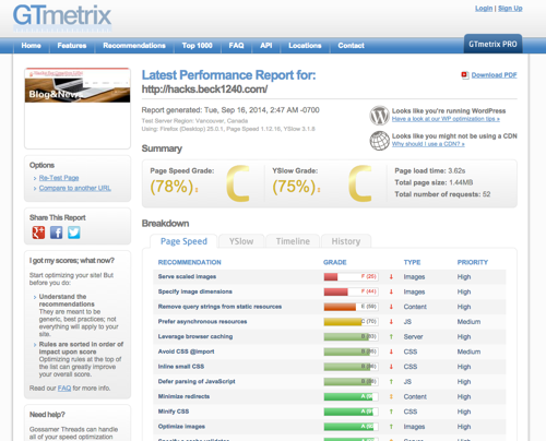 Latest Performance Report for http hacks beck1240 com GTmetrix