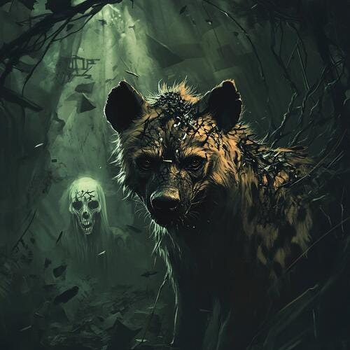 Image created by Midjourney AI using my poem as the prompt, featuring a haunting scene; in the foreground, a melancholic hyena with fur in shades of tan and brown is intertwined with dark, thorny vines. Behind it, a spectral skull-like figure with flowing white hair adds an eerie touch. The scene is in a shadowy space reminiscent of a cave or dense forest.  Gentle light filters through, enhancing the overall mood, dominated by deep greens and browns, creating a mysterious feeling.