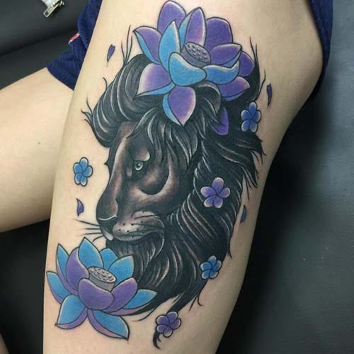 black lion tattoo with flowers