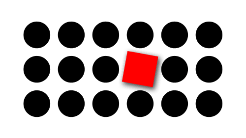 18 shapes out of which one is square with red color, and other are all circles.