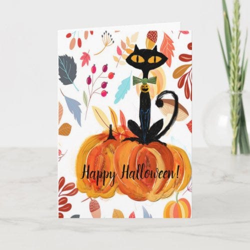 Black Cat & Pumpkins Halloween Greeting Card