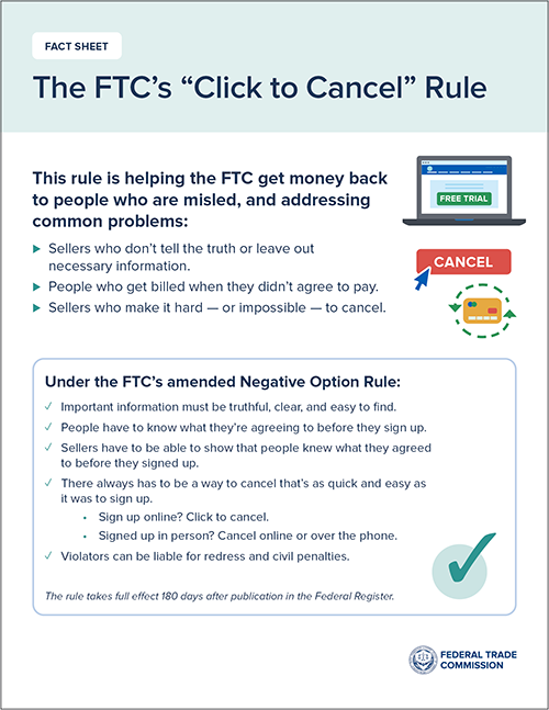 Official FTC Click to Cancel rule fact sheet from October 2024 explaining consumer cancellation rights.