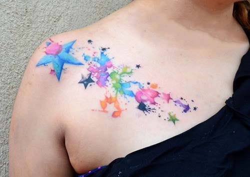 shoulder watercolor star tatoo shoulder colorful star tattoos