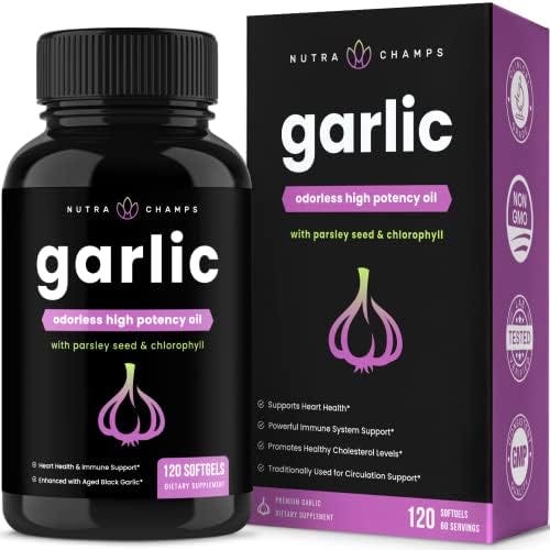 Odorless Garlic Pills | Immune Support Garlic Supplements | 1000mg Garlic Oil Softgels | Heart, Blood Pressure & Cholesterol Support | Enhanced with Parsley, Chlorophyll & Aged Garlic Extract