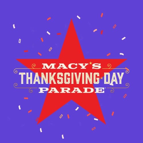 Macy’s Tanksgiving Parade Icon with a violet background, a red star and a white font