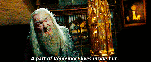 Dumbledore gif saying “a part of Voldemort lives inside him”