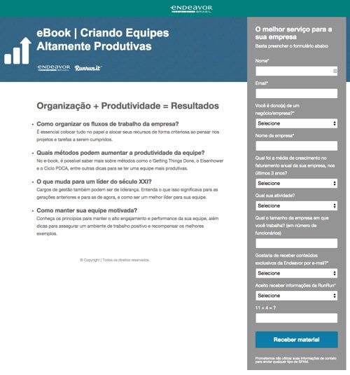 Exemplo de landing page com muitos campos de formulário - eBook Criando equipes altamente produtivas - Endeavor Brasil