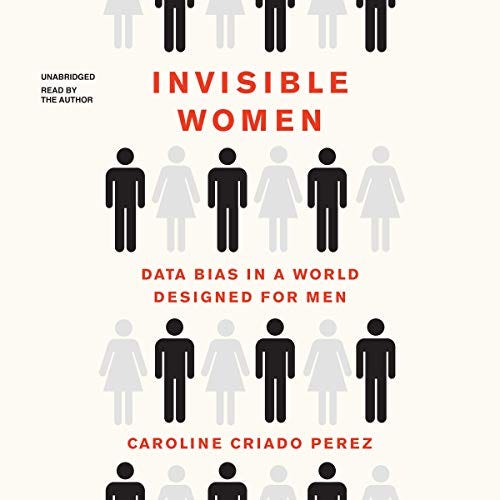 Cover for the book: “Invisible Women — Data Bias in a World Designed For Men”. The cover shows two rows of male and female stick figures standing side by side. However, the women figures are faded out while the male figures are in full bold color.