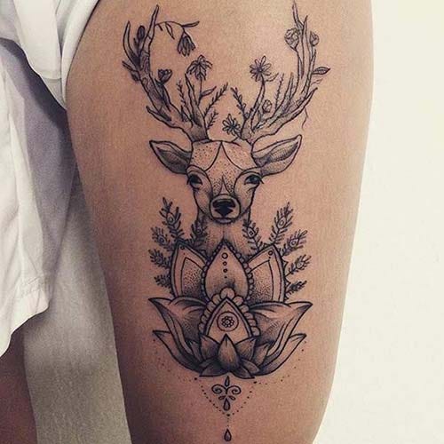 female upper leg deer tattoo woman thigh deer tattoo