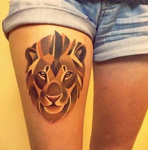 thigh lion tattoo for ladies