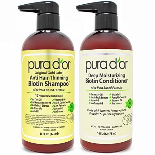 PURA D'OR Anti-Thinning Biotin Shampoo & Deep Moisturizing Conditioner Original Gold Label Set (16Oz x2) Natural Earthy Scent, Clinically Tested Proven Results, DHT Blocker Thickening, For Women & Men