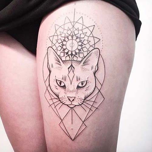 female thigh geometric cat tattoo