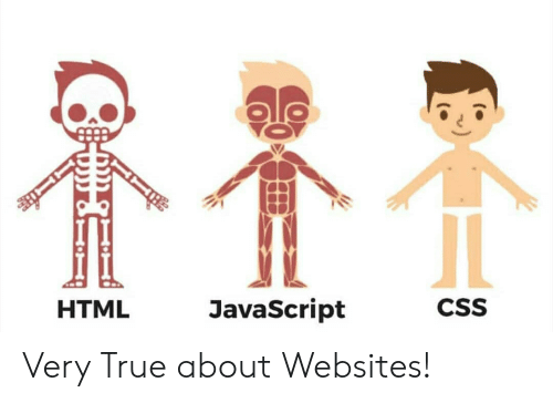 Three people side by side: one is a skeleton = HTML, the next has muscles = JavaScript, the final has skin = CSS