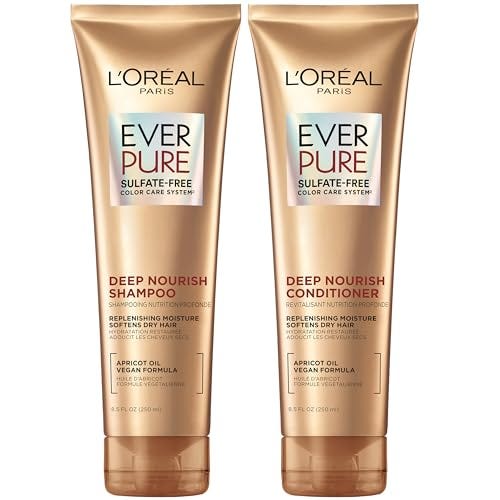 L'Oreal Paris Sulfate Free Shampoo and Conditioner for Dry Hair, Triple Action Hydration for Dry, Brittle or Color Treated Hair, Apricot Oil Infused Hair Care, EverPure, 8.5 Fl Oz, Set of 2