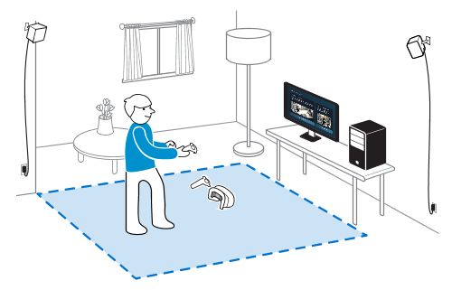 The image is a simple diagram showing a person in a room using a virtual reality (VR) setup. The person stands on a blue area, holding VR controllers, with sensors positioned around the room. A computer and monitor display content related to the VR experience.