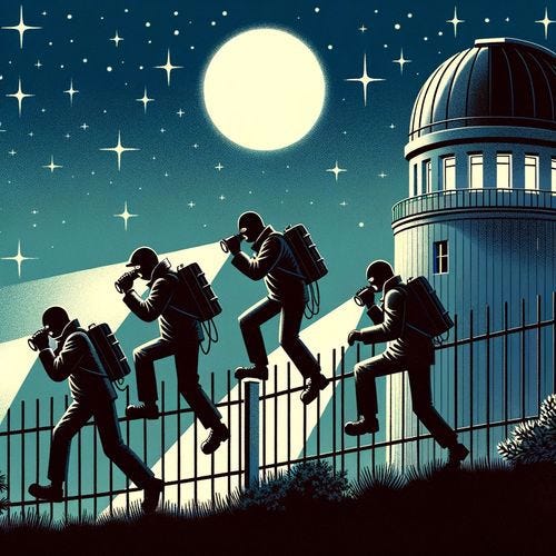 A set of four cookie-cutter conspiracists with flashlights climb/float over a fence away from an observatory