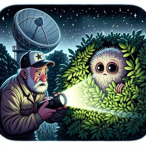 An older man with a sports cap and wrinkled jacket aims a flashlight into the wide eyes of a furry alien hiding in a bush. In the distance a satellite dish points up at the sky.