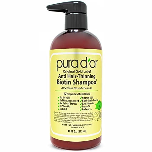 PURA D'OR Original Gold Label Anti-Thinning Biotin Shampoo Natural Earthy Scent, Clinically Tested Proven Results, Herbal DHT Blocker Hair Thickening Products For Women & Men, Color Treated Hair, 16oz