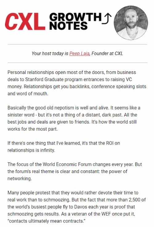 Educational lead nurturing email from CXL's founder Peep Laja