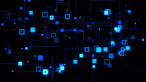 Gif de quadrados se ligando um ao outro, em tons de azul com um fundo preto.