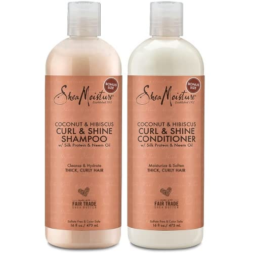 SheaMoisture Shampoo and Conditioner Set, Coconut & Hibiscus Curl & Shine, Curly Hair Products with Coconut Oil, Vitamin E & Neem Oil, Frizz Control, Family Size, 16 Fl Oz Ea