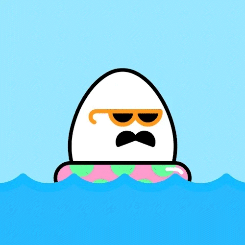 An egg with a mustache floating over the water.