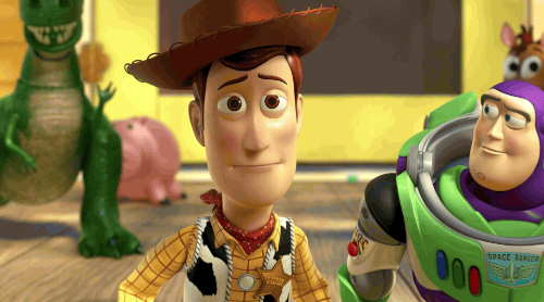 Animation from Toy Story movie with Buzz hugging Woody