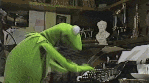 A gif with Kermit the Frog from the Muppet Show writting fast on a typewritter