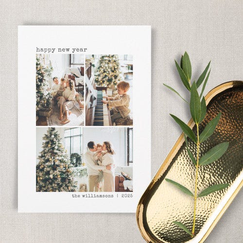 4 Photo Collage Typewriter Minimalist New Year Holiday Card