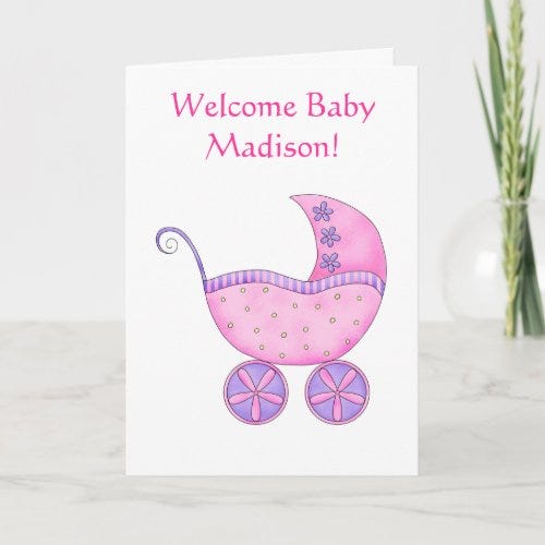 Welcome Baby Girl Name Personalized Pink Buggy Card