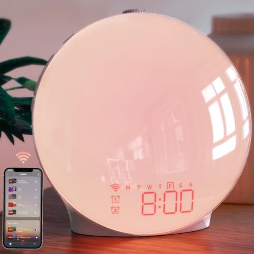 MOMILLA Smart Sunrise Alarm Clock, Wake-up Light Compatible with Alexa, App Control, FM Radio, Sunset Night Light, Dual Alarms with Snooze Function for Heavy Sleepers, Adults & Kids