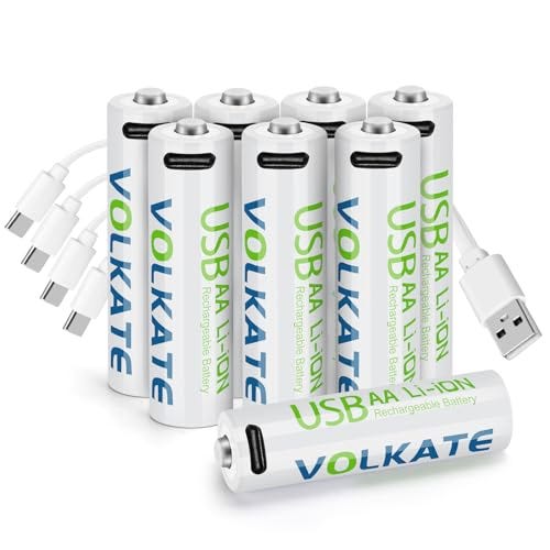 volkate 4000mWh Lithium AA Batteries 8 Pack, Rechargeable 1.5V USB Double A Size Li-ion Battery with 4-in-1 USB-C Charging Cable, 2H Fast Charging, 1200 Cycles, for Blink Outdoor Camera