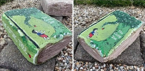 two angles of a rock painted to look like Shel Silverstein’s book The Giving Tree