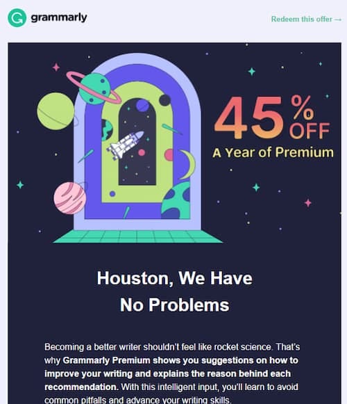 An email announcing an annual deal to Grammarly's email leads.