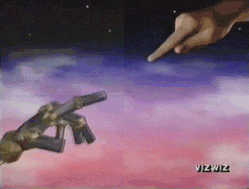 Animated GIF showing a human finger and a robotic finger reaching toward each other against a cosmic sky background, symbolizing connection between humans and machines.