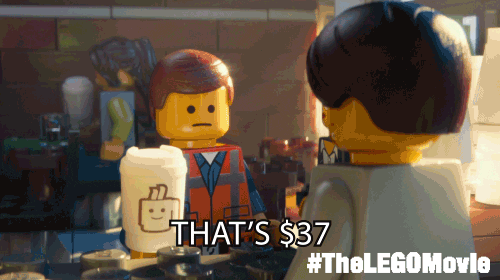 Gif from Lego movie showing Emmett being charged $37 for coffee and saying “Awesome!”