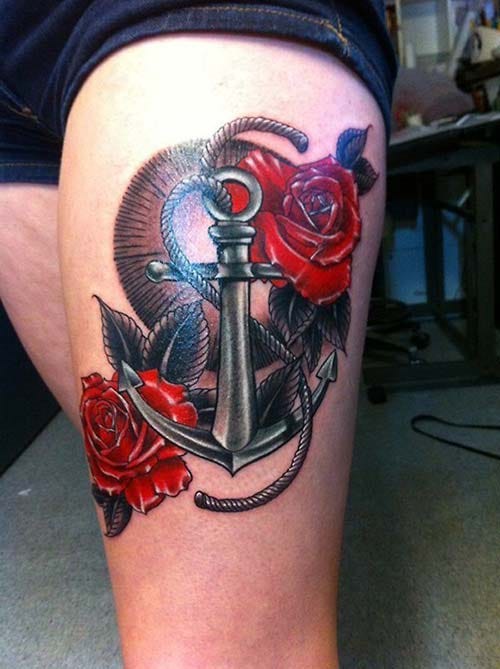 female thigh anchor and rose tattoo