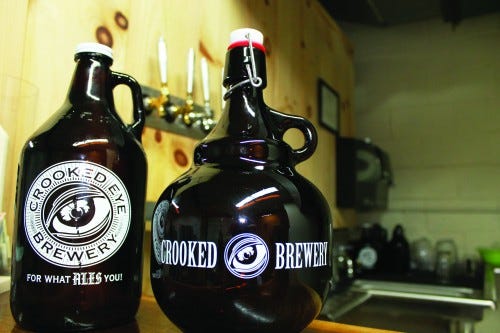 Crooked Eye Brewery cannot sell beer for consumption at their Hatboro location, but they do offer samples and sell growlers (pictured above).