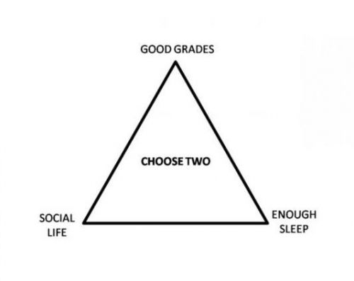 A meme that reflects the “trilemma” Jocelyn faces: it is difficult to get good grades, social life, and enough sleep at the same time (blooberry123).